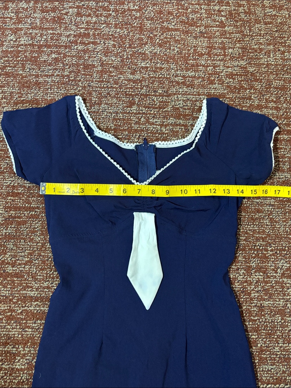 Vintage style fitted stretch navy blue sailor dress eyelet trim tie detail Med - Picture 11 of 16